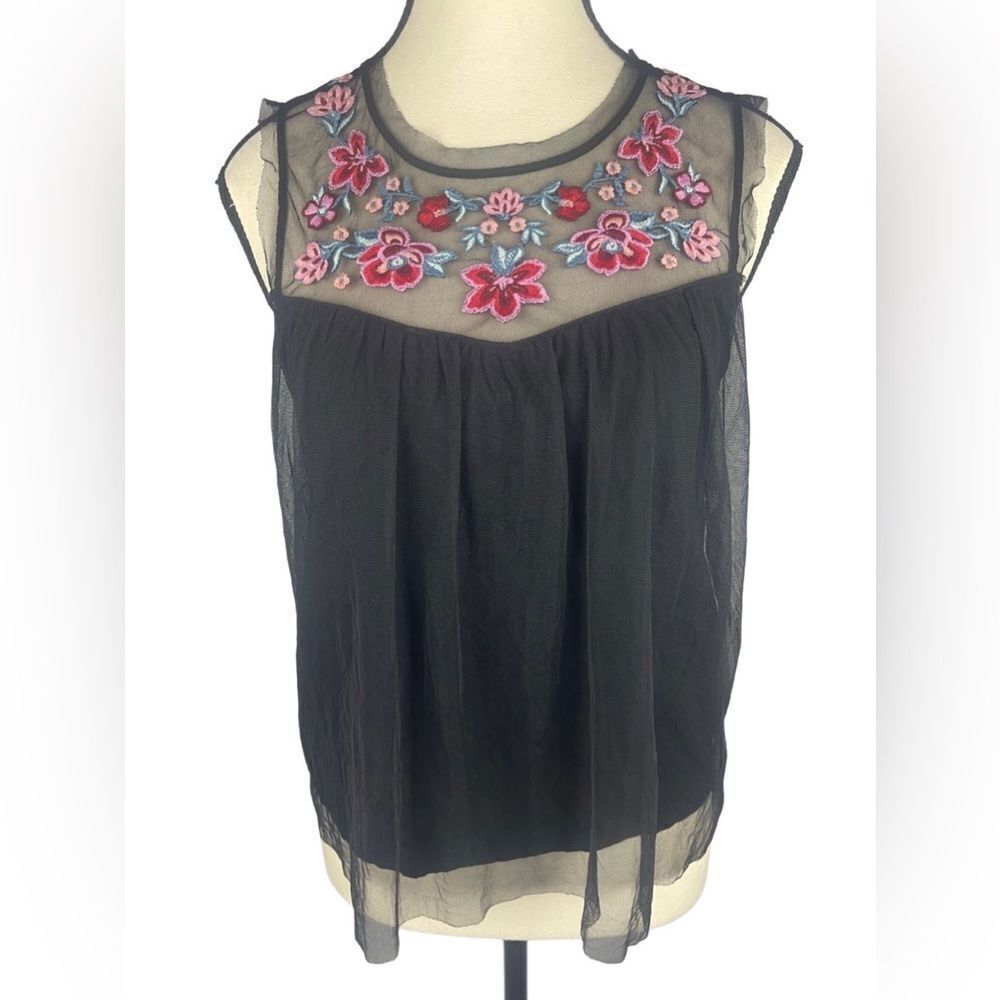 Hollister Black Floral Embroidery Sheer Mesh open back Tank Top Size: S